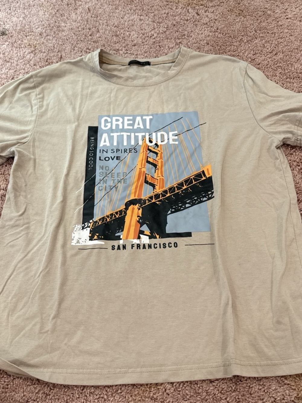 ROMWE Men’s Graphic Tee in Tan with Orange Bridge Print